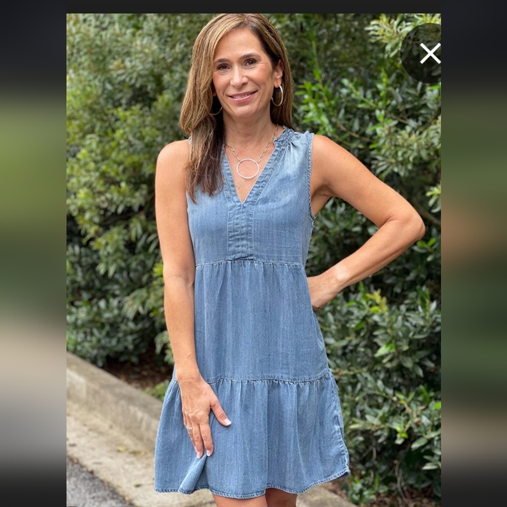 Sleeveless Blue Denim V-Neck Tiered Dress